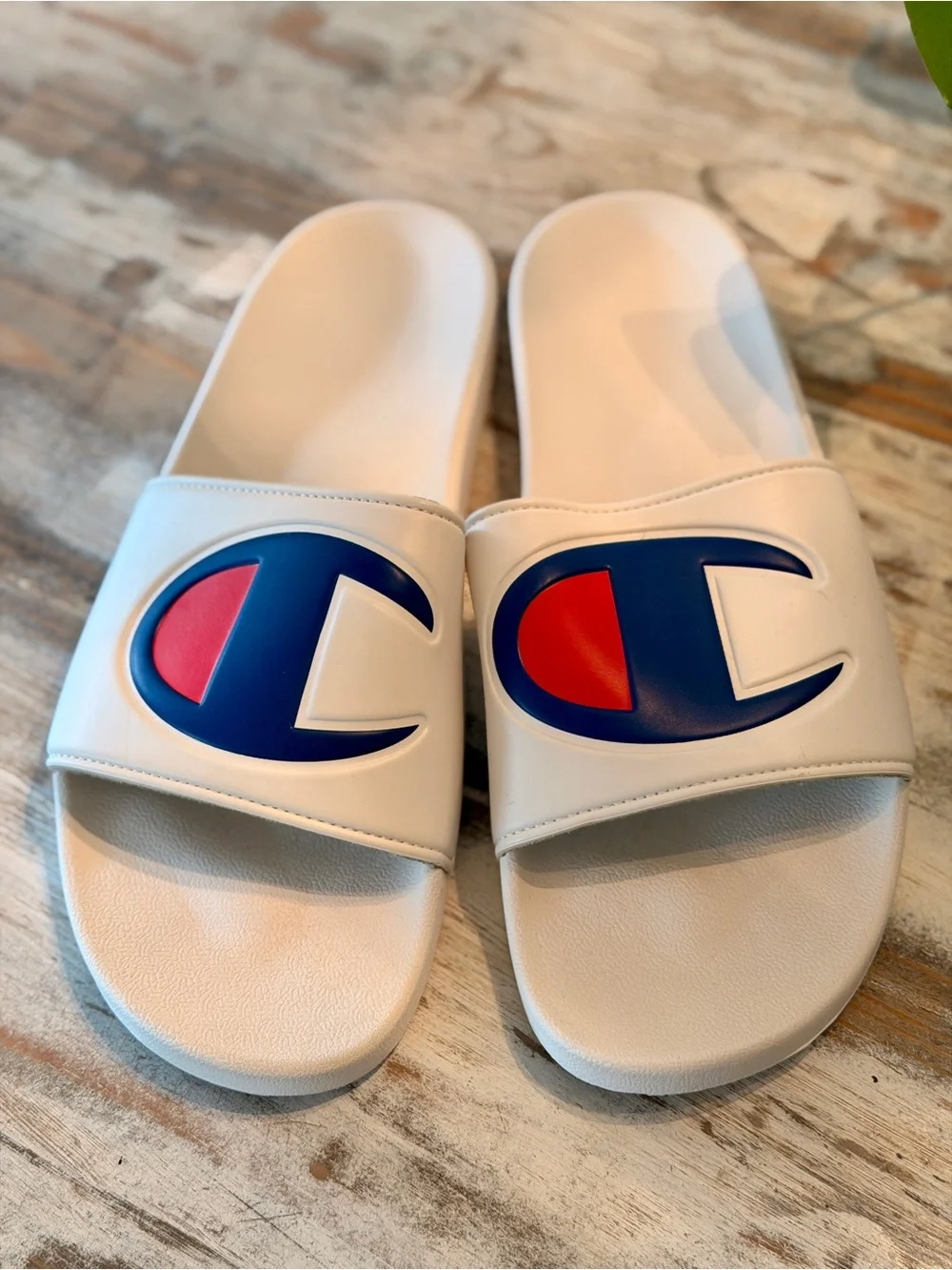 Champion White Slide Sandals with Blue and Red Logo